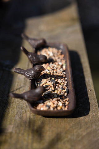 The Love Birds Tray in the sunshine on a wooden surface, filled with bird seed.