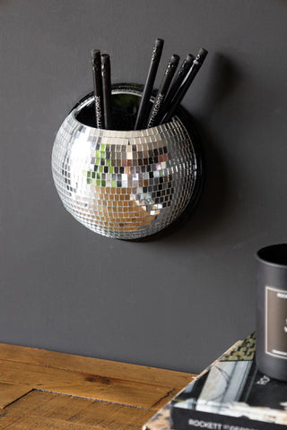 Silver disco mirror ball holder, shown with pens inside