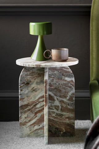 The White Marble Round Side Table styled with a small green table lamp and a mug on.