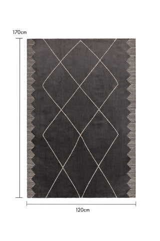 Cutout of the Mason Black Diamond Rug 120cm x 170cm on a white background with dimension details.