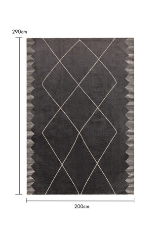 Cutout of the Mason Black Diamond Rug 200cm x 290cm on a white background with dimension details.