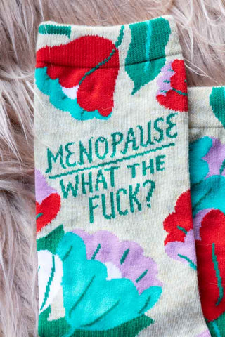 Detail shot of the text on the Menopause Crew Socks.