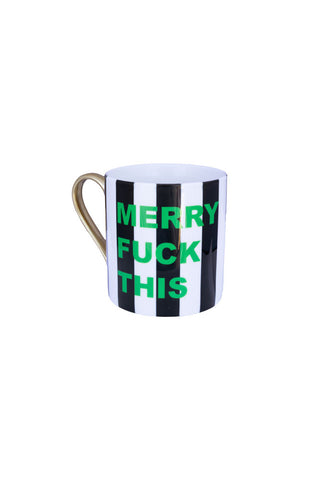 Cutout of the Merry Fuck This Stripe Mug on a white background.