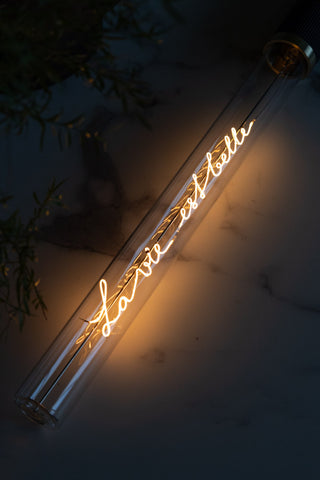 The Message In A Tube Light - La Vie Est Belle displayed illuminated on a table in the dark.