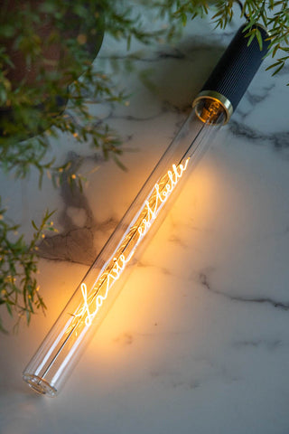 The Message In A Tube Light - La Vie Est Belle switched on and displayed laying on a white marble table with a plant.