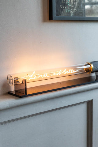 The Message In A Tube Light - La Vie Est Belle illuminated and displayed in front of a wall with an art print.