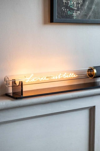 The Message In A Tube Light - La Vie Est Belle displayed on a shelf by a wall.