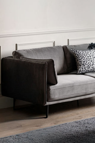 Close-up of one end of the Modern Charcoal Grey Velvet 3-Seater Sofa.