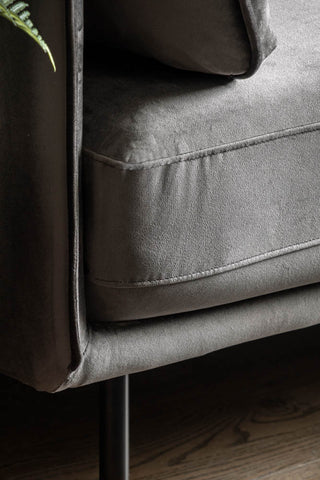 Detail shot of the front of the Modern Charcoal Grey Velvet 3-Seater Sofa.