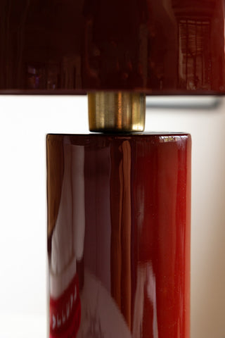 Close-up of brass stem of burgundy table lamp