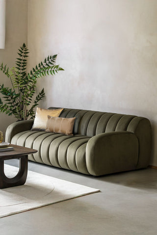 The Moss Green Roll Back 3-Seater Sofa styled with some cushions on, with a coffee table, rug, plant and accessories.