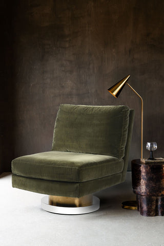 Beautiful moss green sofa on a white and gold swivel base.