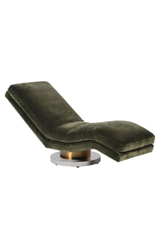 The green chaise longue in velvet on a brass and gold swivel base against a white background. The chaise chair is facing the right.