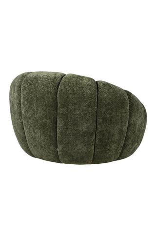 The behind view of the beautiful swivel chair in a moss green colourway.