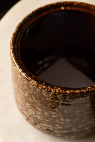 Close-up of the Mottled Brown Lidded Pot seen from above.