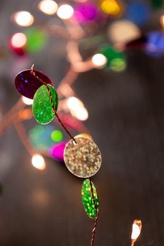 Close-up of the confetti detail on the Multi Coloured Confetti Decorative Light Chain.