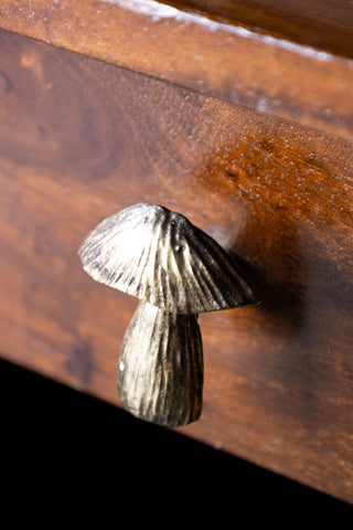 Detail shot of the Mushroom Knob - Gold styled on a wooden drawer.