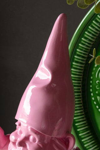 Close-up of the hat of the Fabulous Pink Naughty Gnome.