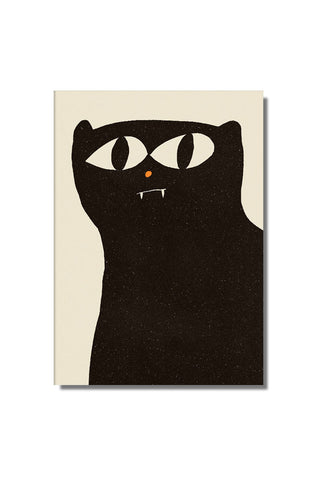 Noir Cool Cat art print with a quirky black cat design, characterized by wide eyes and a subtle expression, displayed unframed on a white background.