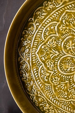 Close-up of the design of the Olive Green Floral Detail Serving Tray.