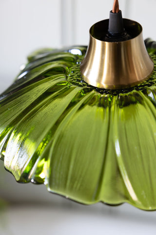 Close-up of the top of the Olive Green Flower Glass Easyfit Ceiling Light Shade.