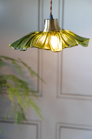 The Olive Green Flower Glass Easyfit Ceiling Light Shade with the light switched on, with a plant in the background.