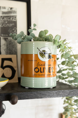 Green plant pot with an orange band with 'sicilian olives' inprinted on the front.