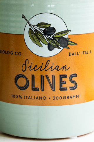 Close up of olive detail planter, showing olive graphic and typography 