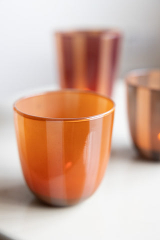 Close-up of the Orange & Pink Tones Striped Tealight Holder - Short.