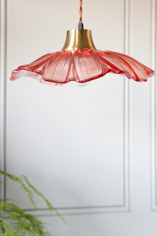 The Pale Pink Flower Glass Easyfit Ceiling Light Shade hanging in front of a white wall with a plant in the background.