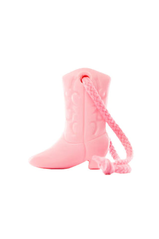 Cutout of the Pink Cowboy Boot Soap On A Rope on a white background.