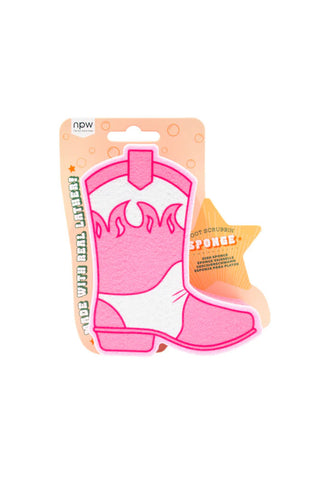 Cutout of the Pink Cowboy Boot Sponge in the packaging, on a white background.