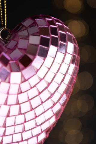 Close-up of the Pink Disco Heart Christmas Tree Decoration.