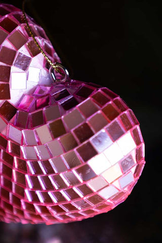 Detail shot of the top of the Pink Disco Heart Christmas Tree Decoration.