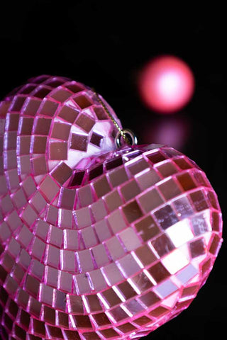 Close-up of the top of the Pink Disco Heart Christmas Tree Decoration.