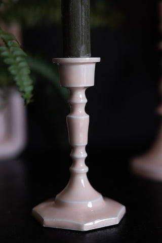 Detail shot of the Pink Enamel Cast Style Candlestick Holder.