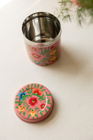 The Pink Floral Spice Tin with the lid off, seen from above.