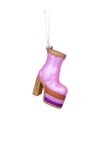 Cutout of the Pink Glass Heeled Boot Christmas Tree Decoration on a white background.