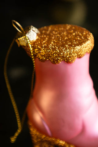 Close-up of the top of the Pink Glass Heeled Boot Christmas Tree Decoration.