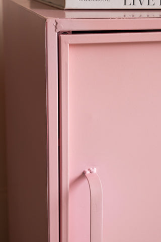 Close-up of the front of the Pink Industrial-Style Bedside Table.