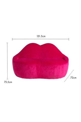 Cutout image of the Pink Lips Sofa on a white background, with dimension details.