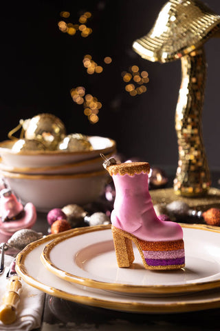 The Pink Glass Heeled Boot Christmas Tree Decoration styled Christmas table setting