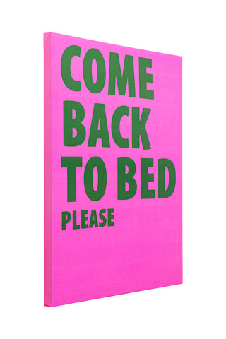 Cutout of the Pink & Green Come Back To Bed Please Canvas seen from an angle, on a white background.