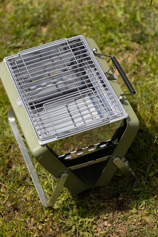 The Portable Suitcase BBQ - Khaki Green seen from above.