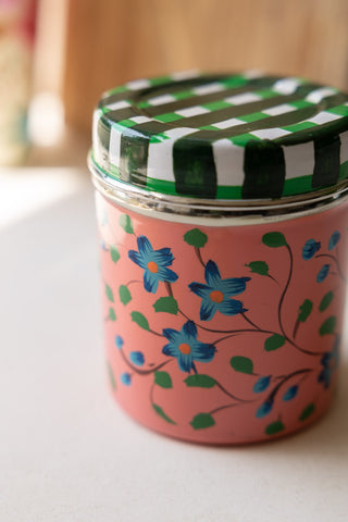 Close-up of the Pretty Petal & Checkered Spice Tin.