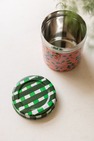 The Pretty Petal & Checkered Spice Tin seen from above, styled with the lid off.