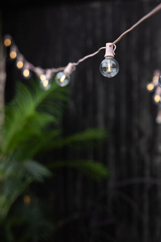 The Pretty Pink Festoon Lights displayed across a garden in front of a fence and plant.