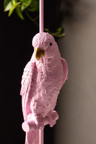 Close-up of the parrot on the Pretty Pink Parrot Floor Lamp with Shade.