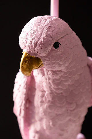 Detail shot of the parrot on the Pretty Pink Parrot Floor Lamp with Shade.