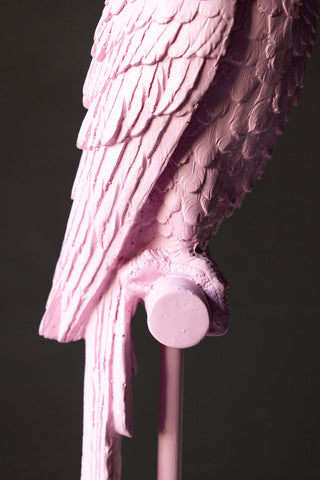 Detail shot of the parrot on the perch on the Pretty Pink Parrot Floor Lamp with Shade.